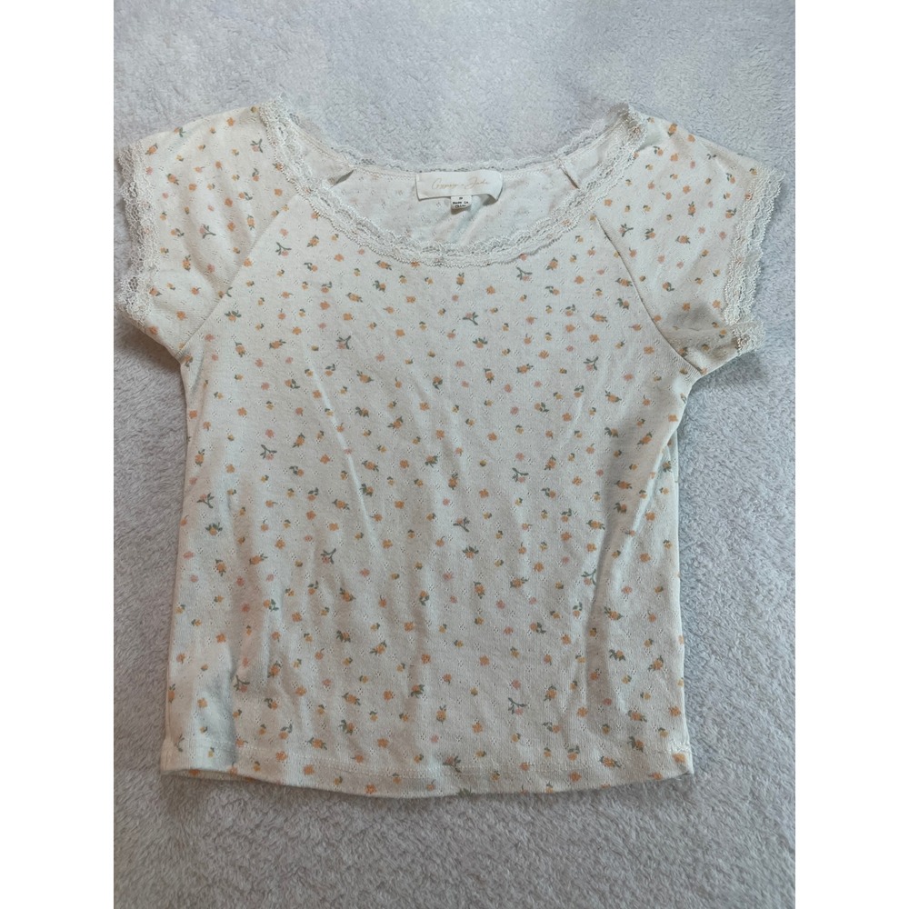 Gypsy + Jade Floral Pointelle Lace Trim Top Cream Orange Small 4K14523